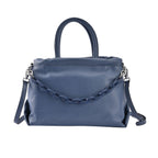Genuine Leather Crossbody Bag with Chain - Blue