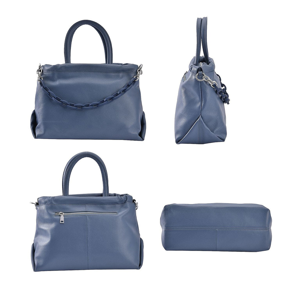 Genuine Leather Crossbody Bag with Chain - Blue