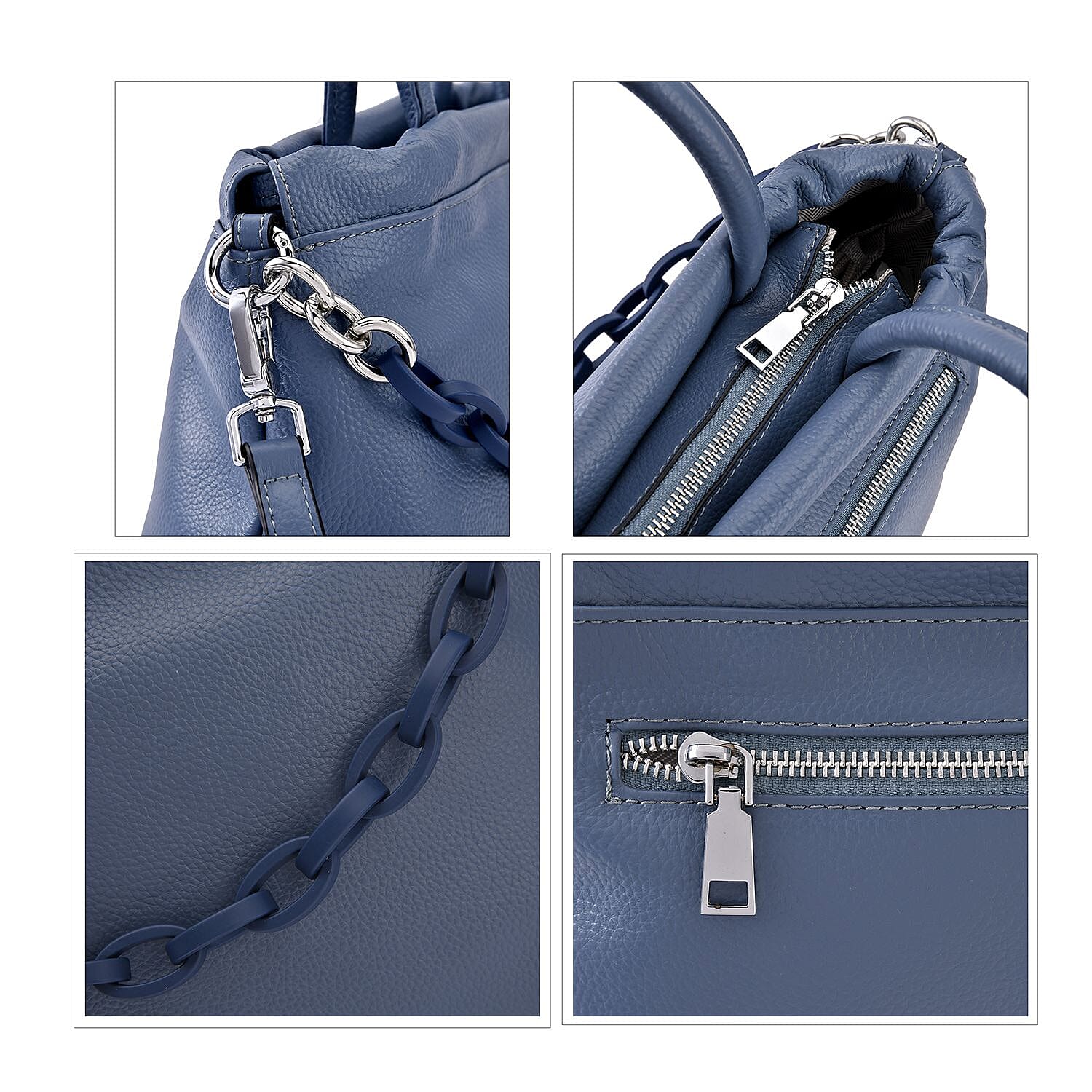Genuine Leather Crossbody Bag with Chain - Blue