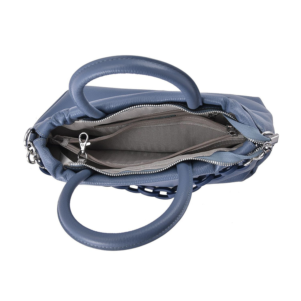 Genuine Leather Crossbody Bag with Chain - Blue