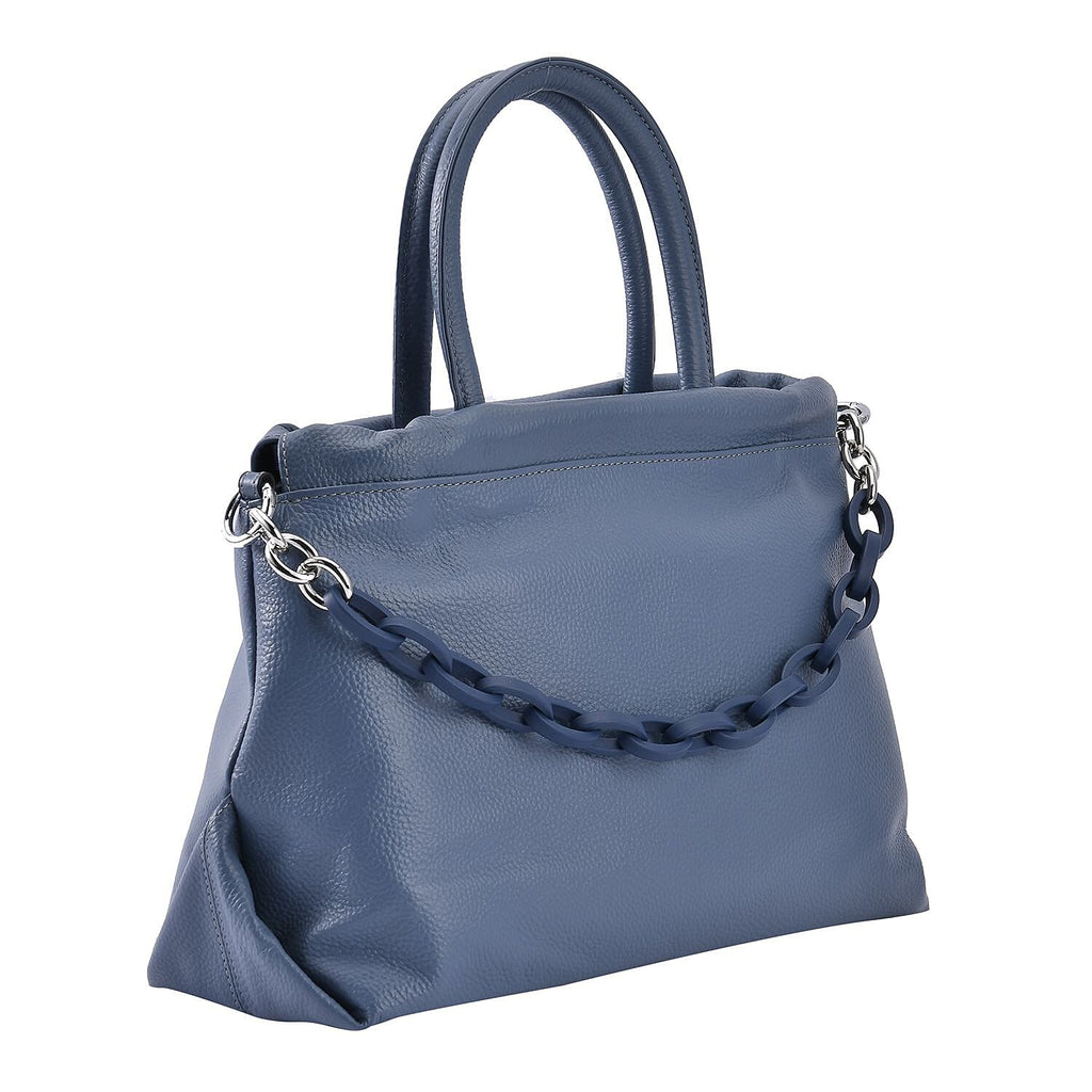 Genuine Leather Crossbody Bag with Chain - Blue