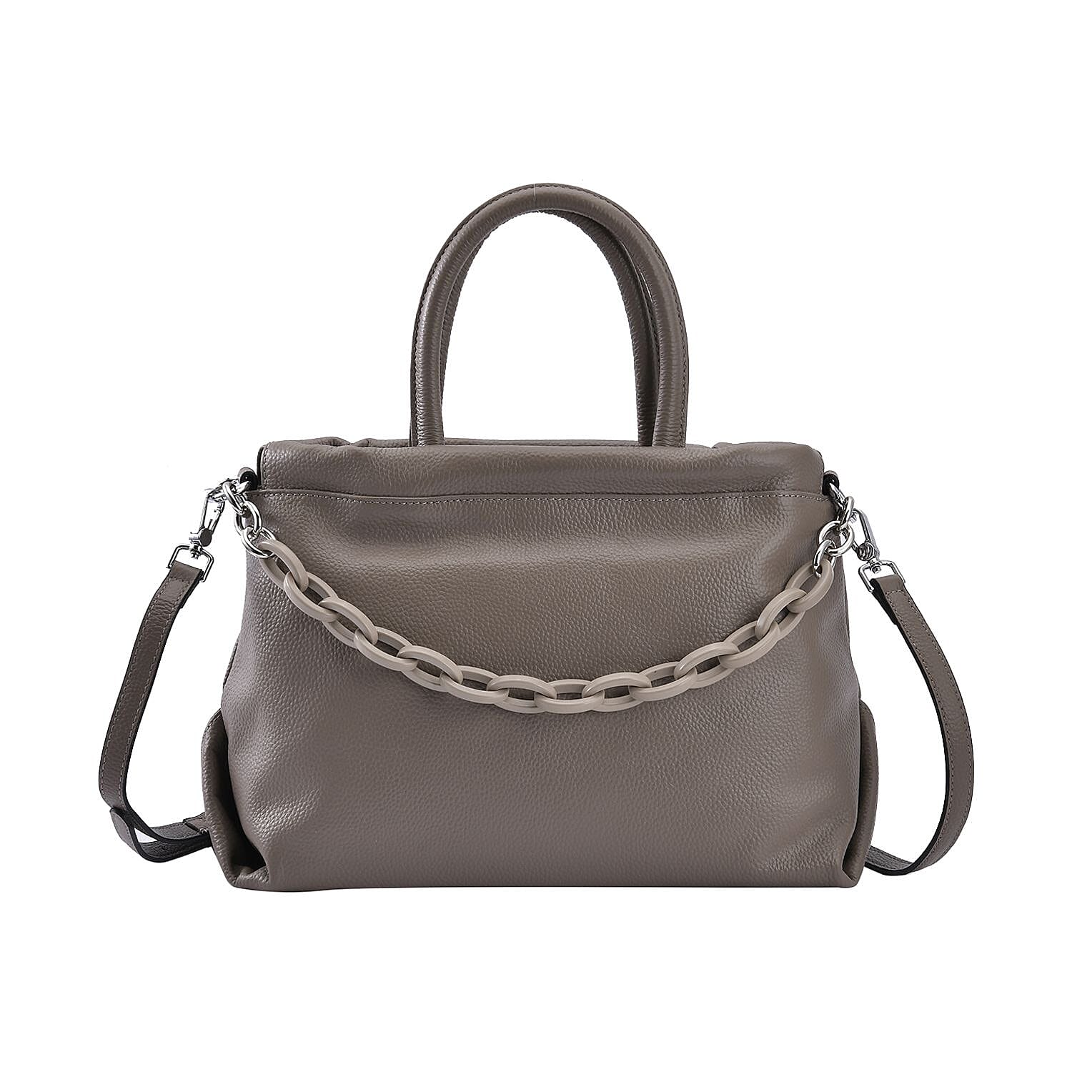 Genuine Leather Crossbody Bag with Chain - Grey