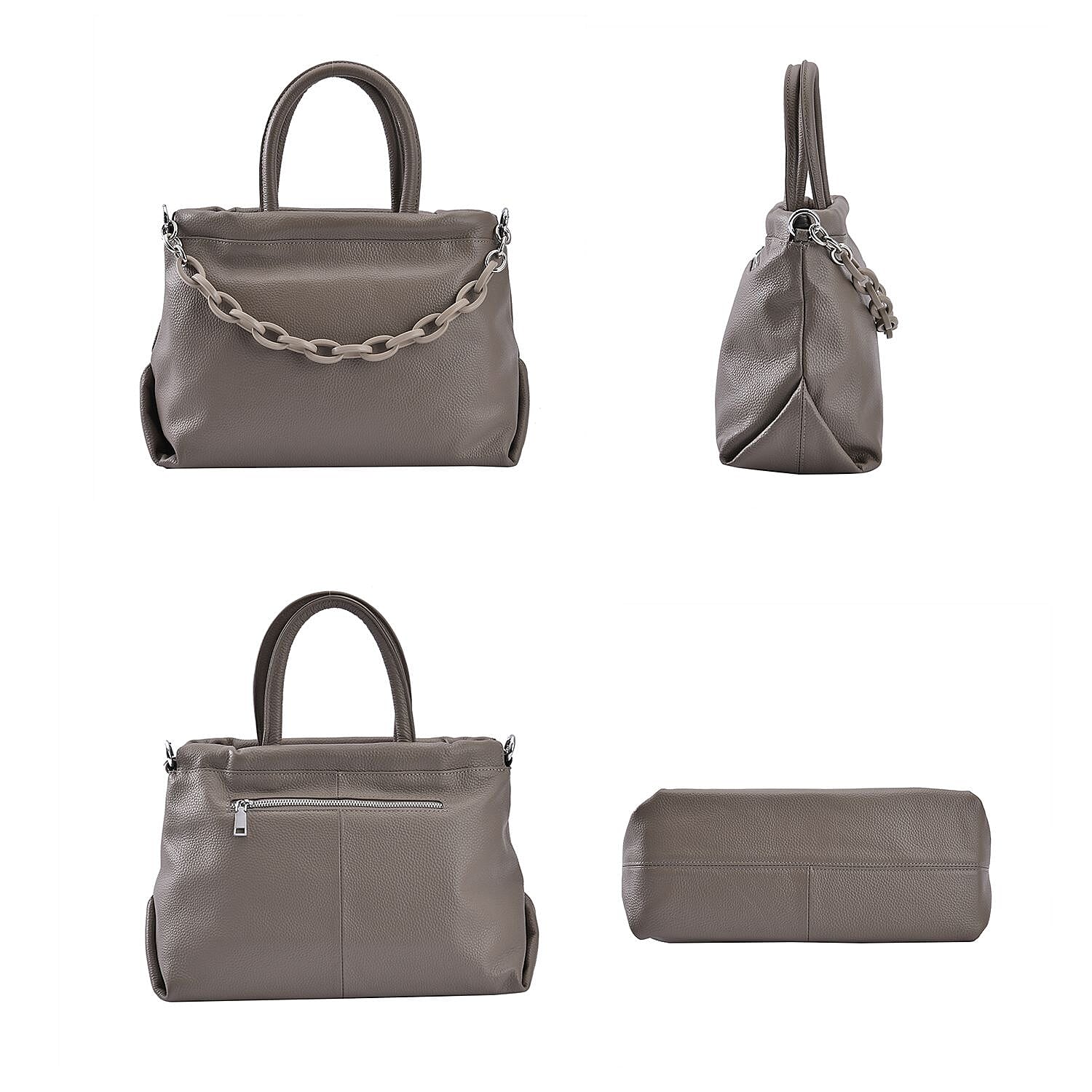 Genuine Leather Crossbody Bag with Chain - Grey