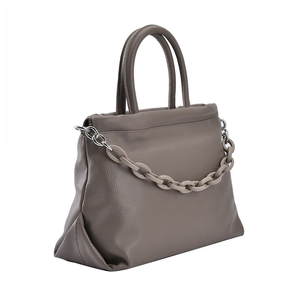 Genuine Leather Crossbody Bag with Chain - Grey