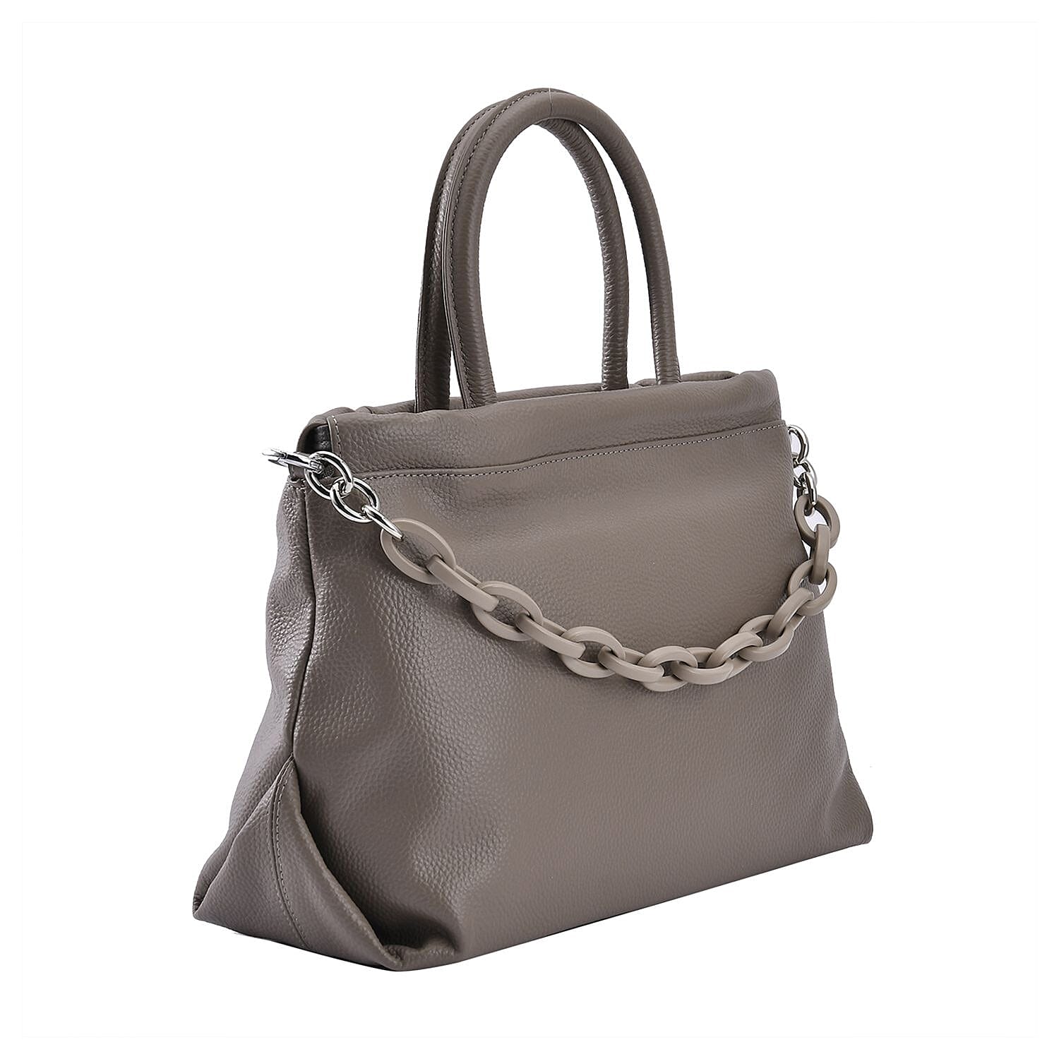 Genuine Leather Crossbody Bag with Chain - Grey