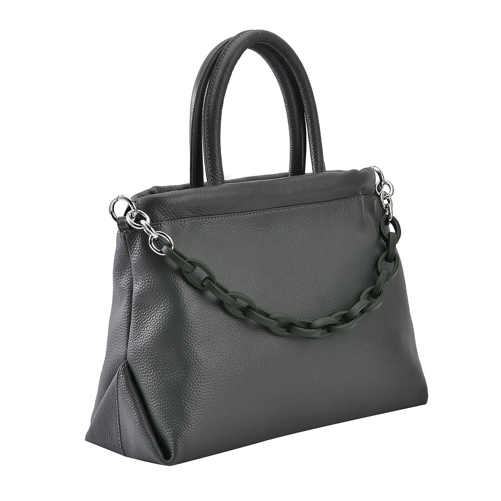 Genuine Leather Crossbody Bag with Chain - Olive
