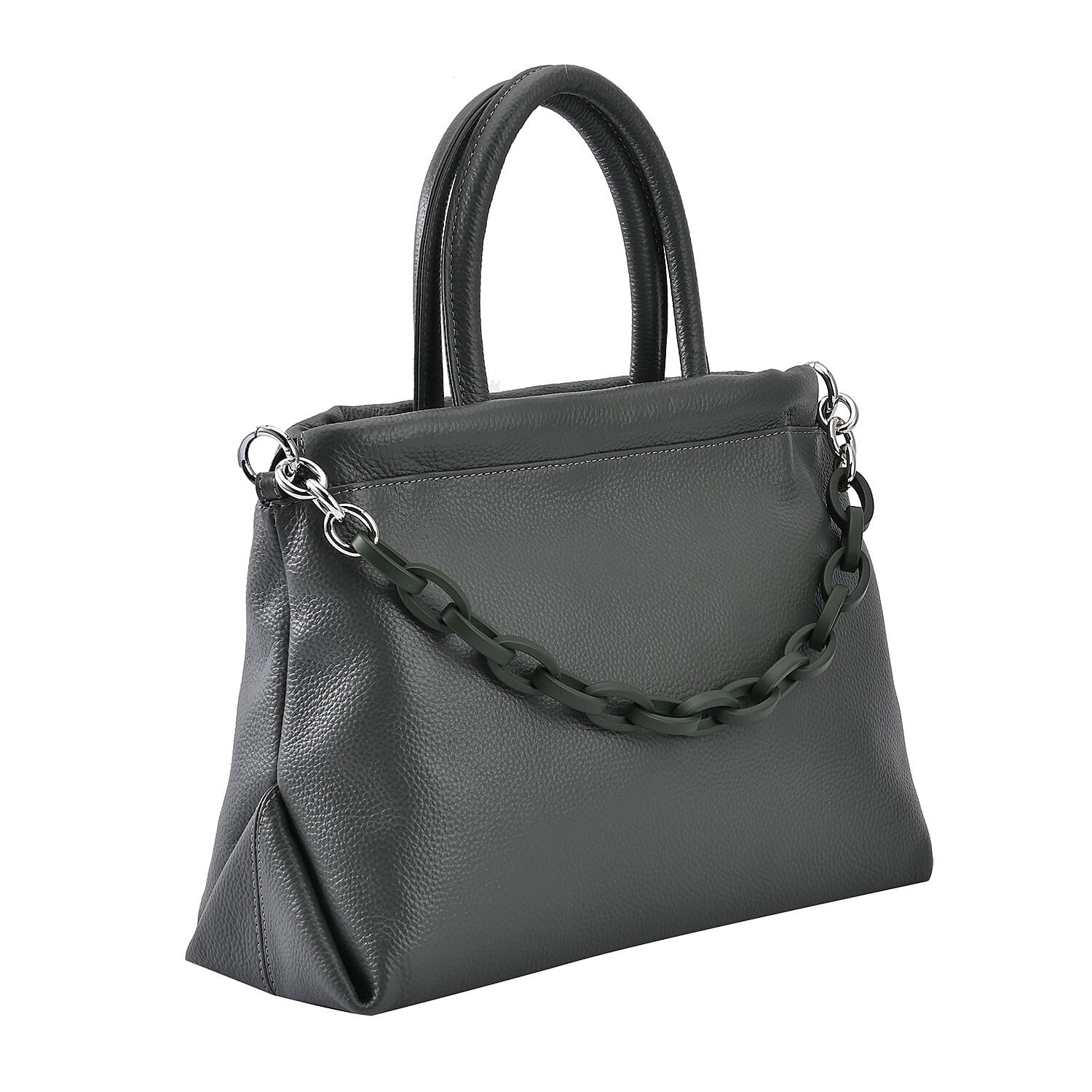 Genuine Leather Crossbody Bag with Chain - Olive