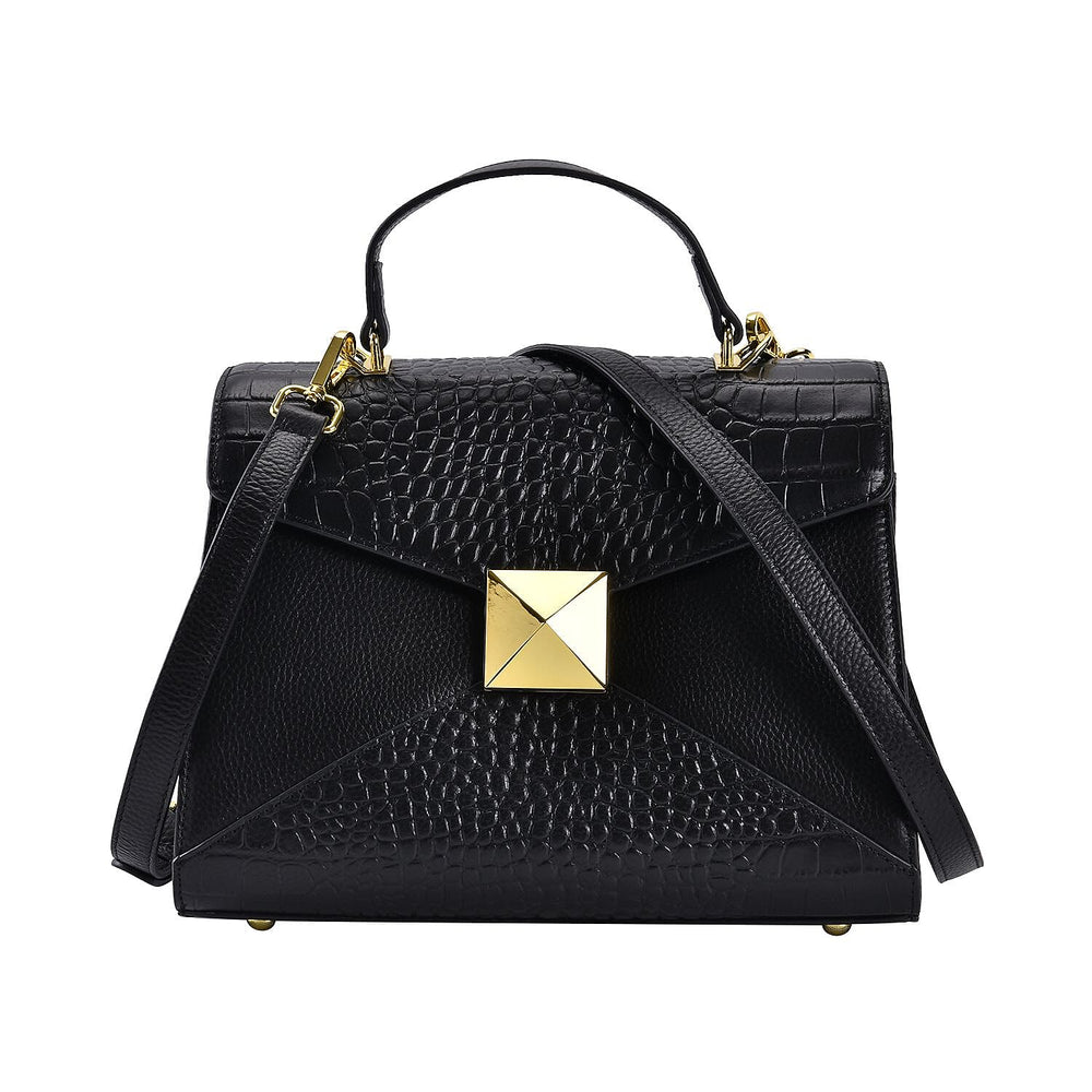 Designer Inspired - Genuine Leather Stud Handbag with Detachable Shoulder Strap - Black