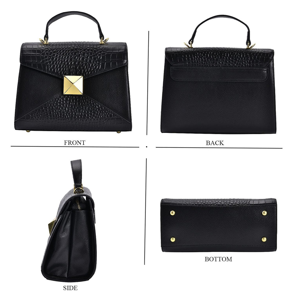 Designer Inspired - Genuine Leather Stud Handbag with Detachable Shoulder Strap - Black