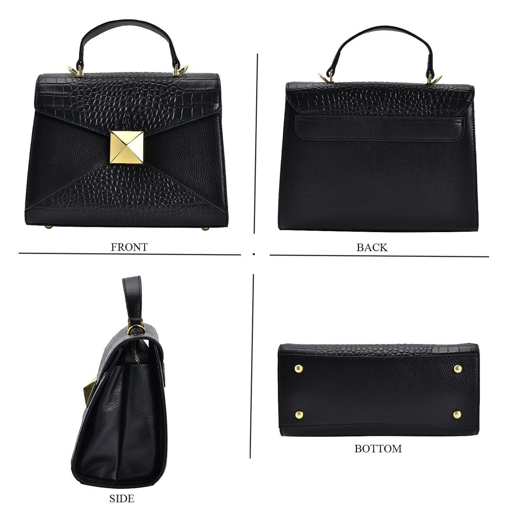 Designer Inspired - Genuine Leather Stud Handbag with Detachable Shoulder Strap - Black