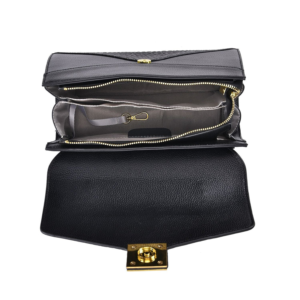 Designer Inspired - Genuine Leather Stud Handbag with Detachable Shoulder Strap - Black