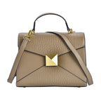 Designer Inspired - Genuine Leather Stud Handbag with Detachable Shoulder Strap - Beige