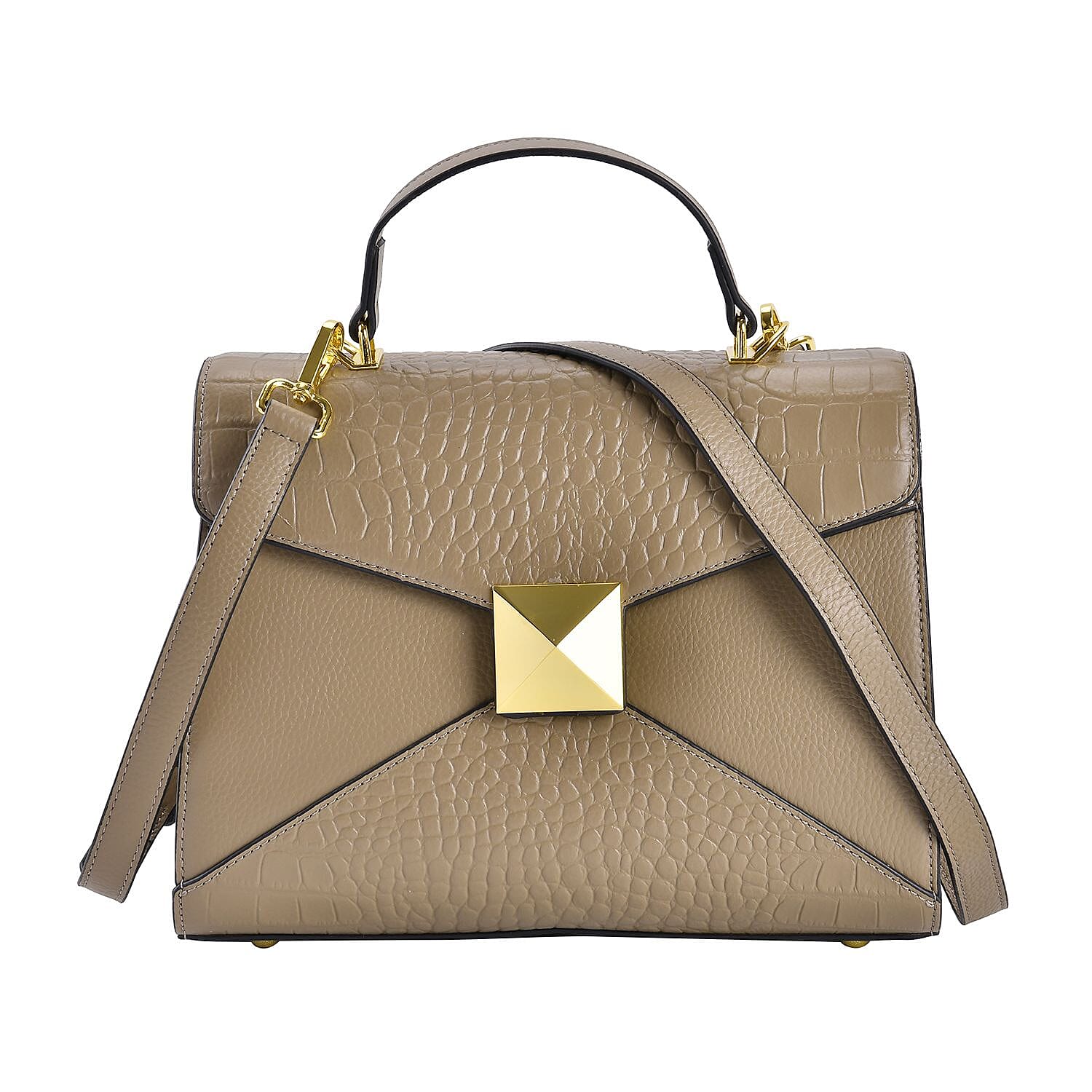 Designer Inspired - Genuine Leather Stud Handbag with Detachable Shoulder Strap - Beige