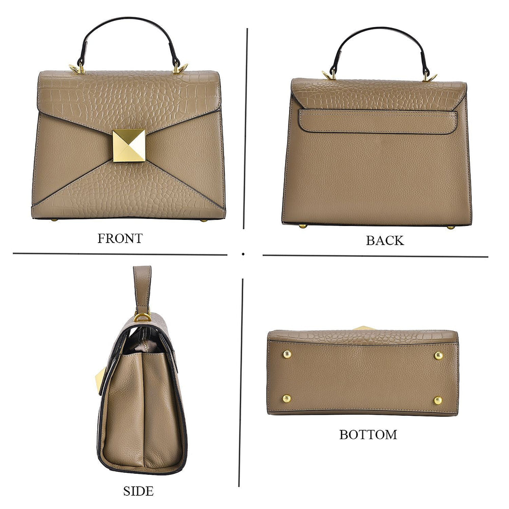 Designer Inspired - Genuine Leather Stud Handbag with Detachable Shoulder Strap - Beige
