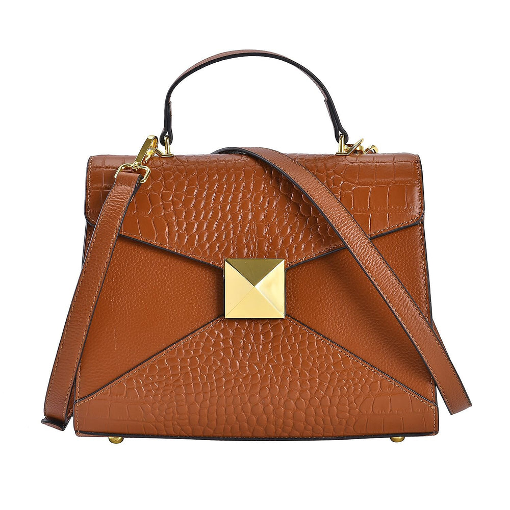 Designer Inspired - Genuine Leather Stud Handbag with Detachable Shoulder Strap - Tan