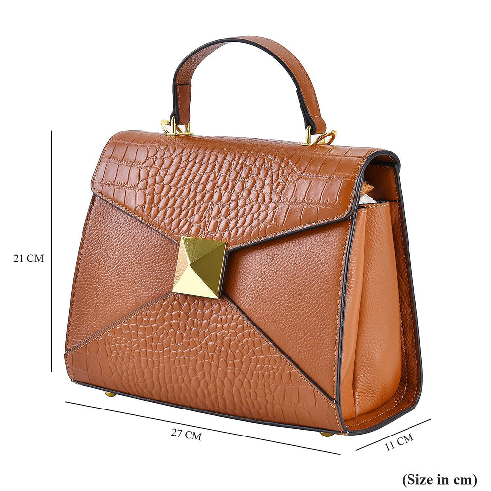 Designer Inspired - Genuine Leather Stud Handbag with Detachable Shoulder Strap - Tan