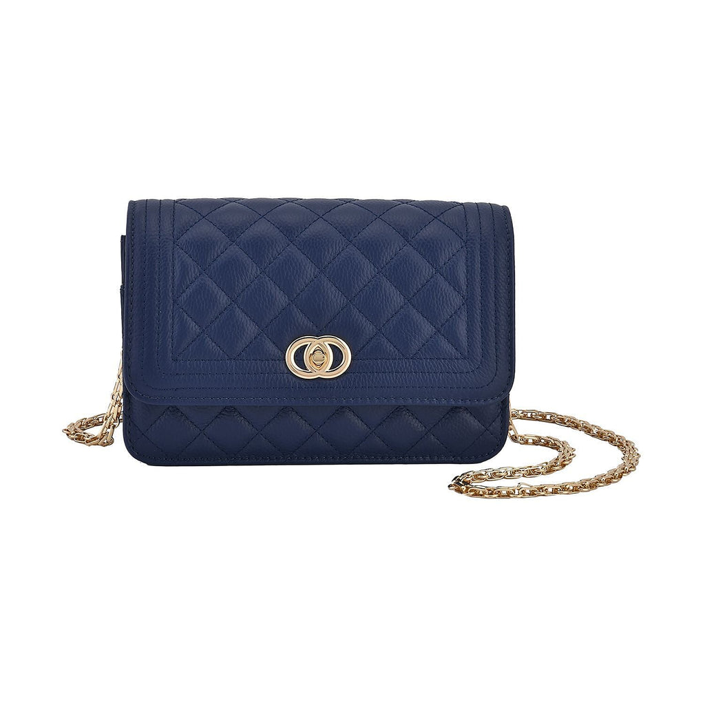 Milan Mega Designer Closeout -  Genuine Leather Couture Quilted Diamond Pattern Shoulder Bag with Panther Link Strap - Navy
