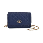 Milan Mega Designer Closeout -  Genuine Leather Couture Quilted Diamond Pattern Shoulder Bag with Panther Link Strap - Navy