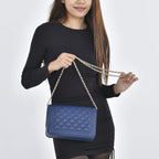 Milan Mega Designer Closeout -  Genuine Leather Couture Quilted Diamond Pattern Shoulder Bag with Panther Link Strap - Navy