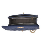 Milan Mega Designer Closeout -  Genuine Leather Couture Quilted Diamond Pattern Shoulder Bag with Panther Link Strap - Navy