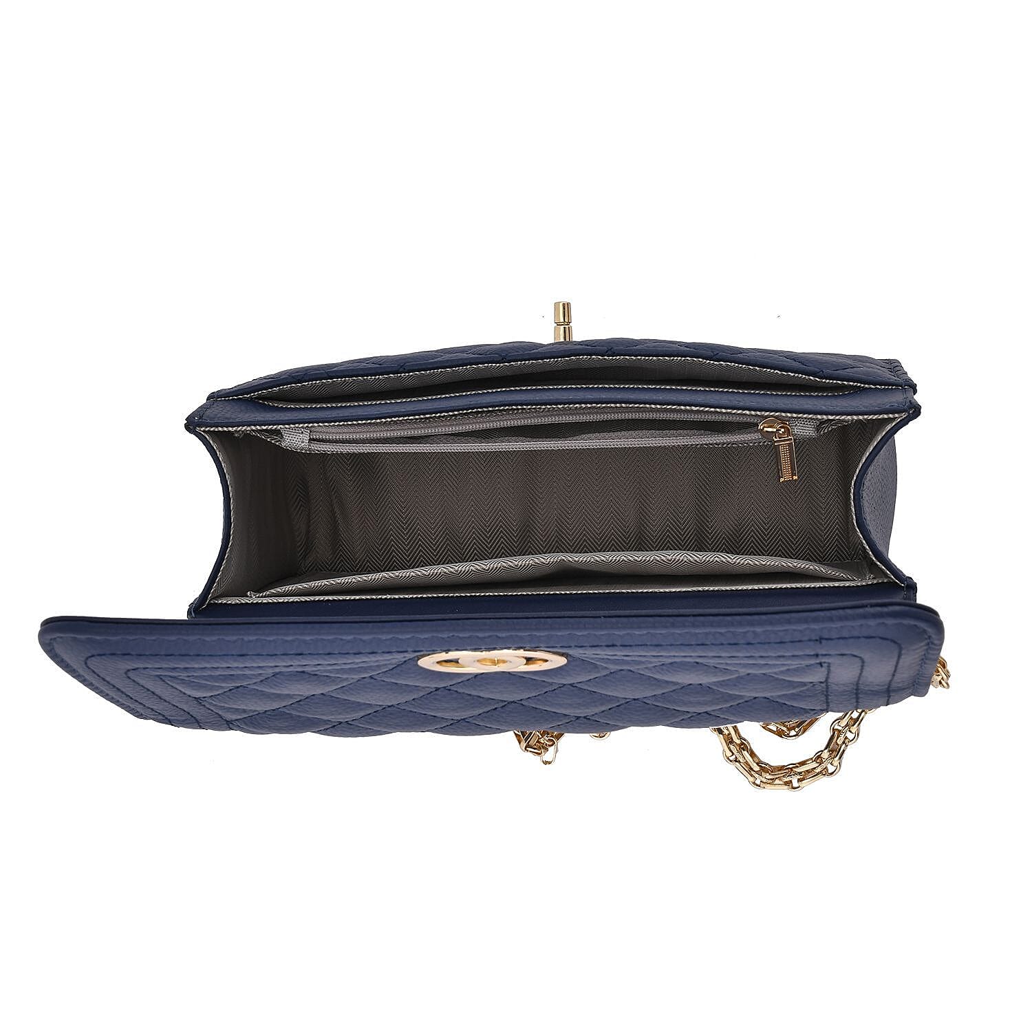 Milan Mega Designer Closeout -  Genuine Leather Couture Quilted Diamond Pattern Shoulder Bag with Panther Link Strap - Navy