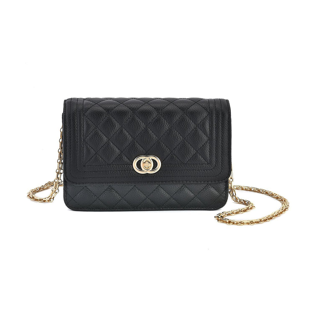 Genuine Leather Couture Quilted Diamond Pattern Shoulder Bag with Panther Link Strap - Black