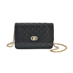 Genuine Leather Couture Quilted Diamond Pattern Shoulder Bag with Panther Link Strap - Black