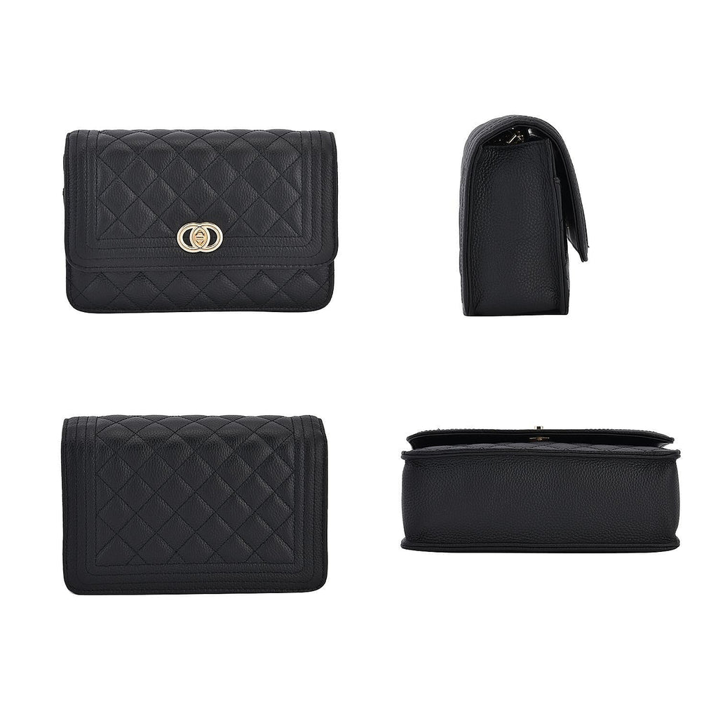 Genuine Leather Couture Quilted Diamond Pattern Shoulder Bag with Panther Link Strap - Black