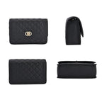 Genuine Leather Couture Quilted Diamond Pattern Shoulder Bag with Panther Link Strap - Black