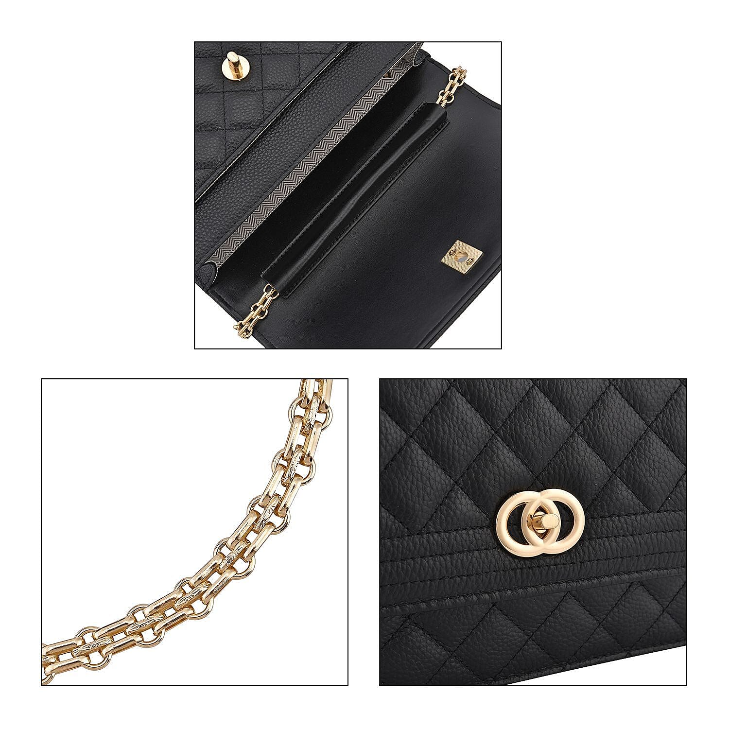 Genuine Leather Couture Quilted Diamond Pattern Shoulder Bag with Panther Link Strap - Black
