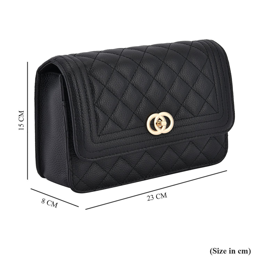 Genuine Leather Couture Quilted Diamond Pattern Shoulder Bag with Panther Link Strap - Black