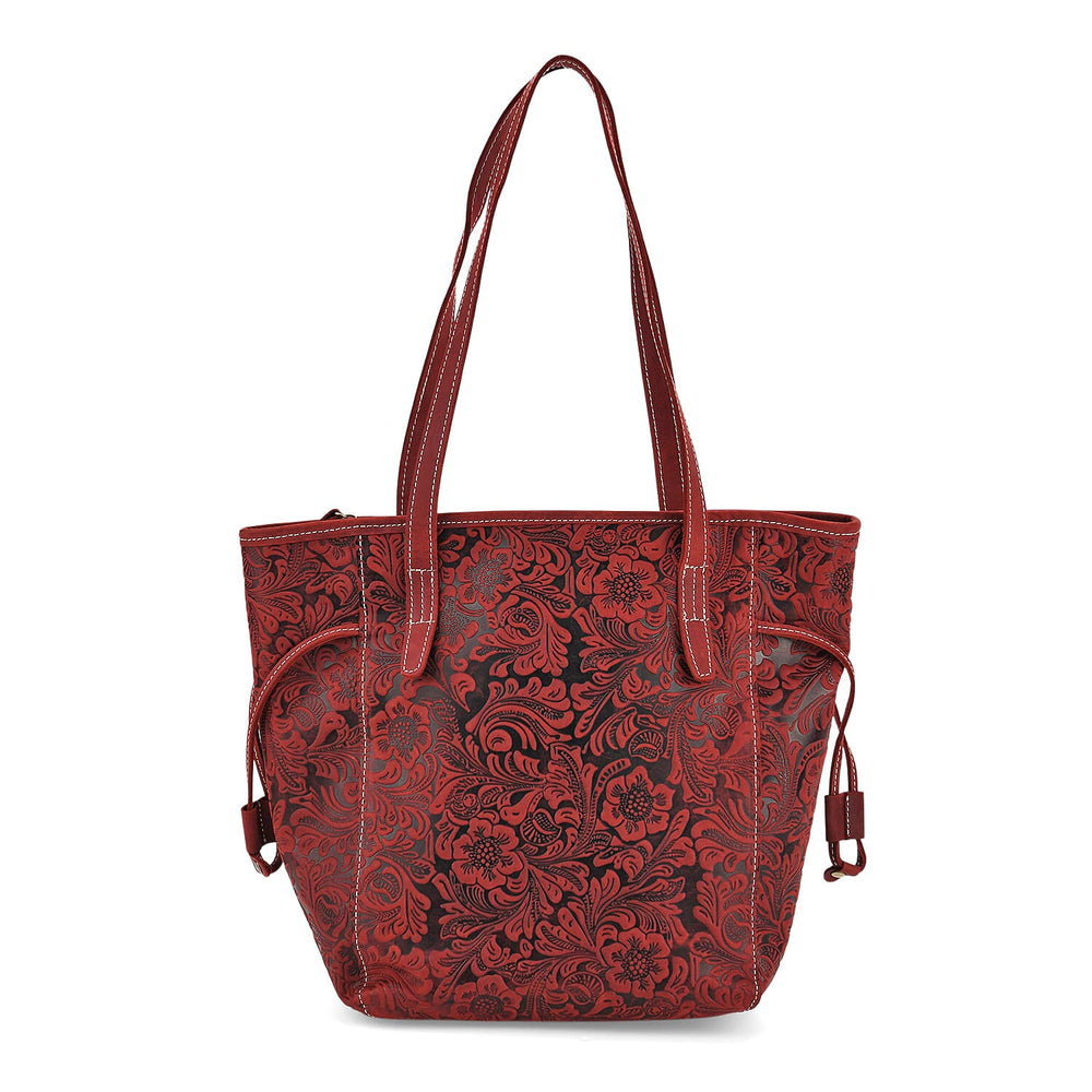 100% Genuine Leather Floral Embossed Tote Bag - Burgundy