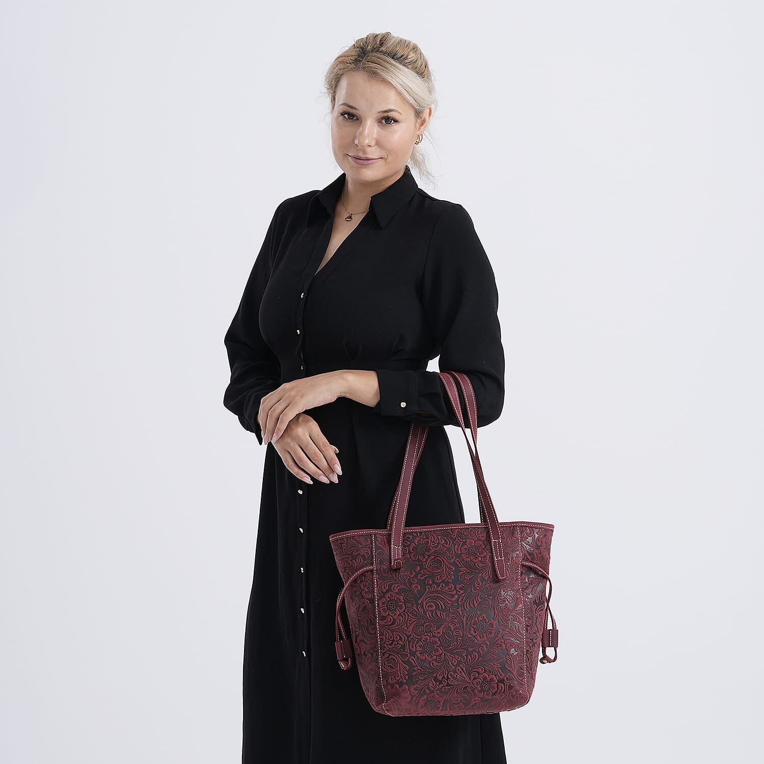 100% Genuine Leather Floral Embossed Tote Bag - Burgundy