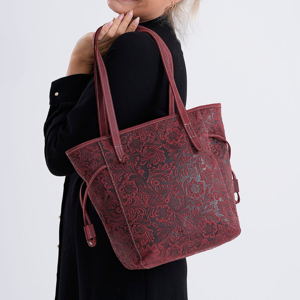 100% Genuine Leather Floral Embossed Tote Bag - Burgundy