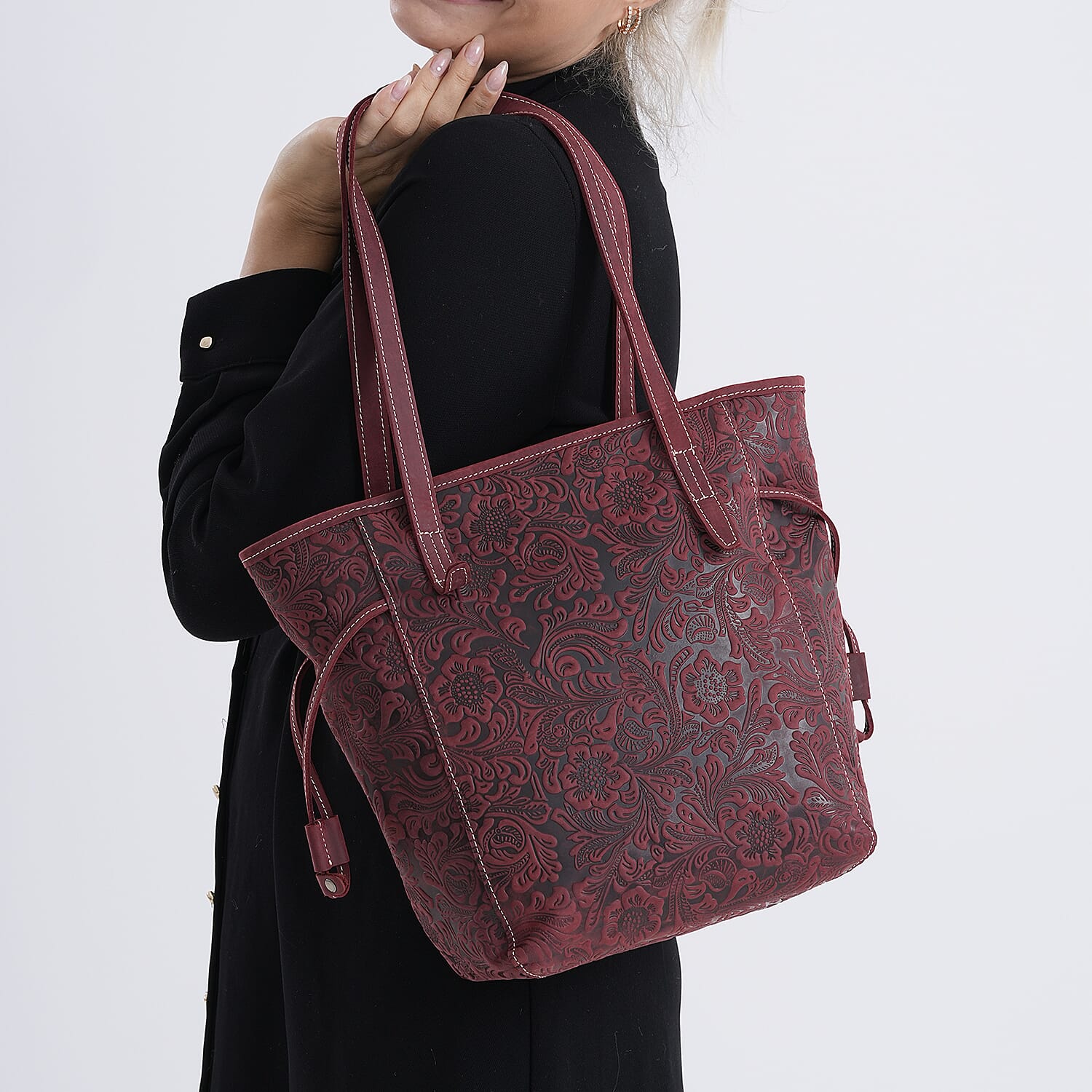 100% Genuine Leather Floral Embossed Tote Bag - Burgundy