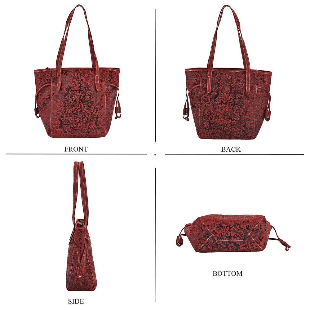 100% Genuine Leather Floral Embossed Tote Bag - Burgundy