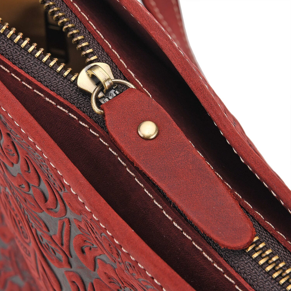 100% Genuine Leather Floral Embossed Tote Bag - Burgundy