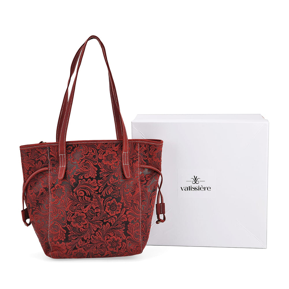 100% Genuine Leather Floral Embossed Tote Bag - Burgundy