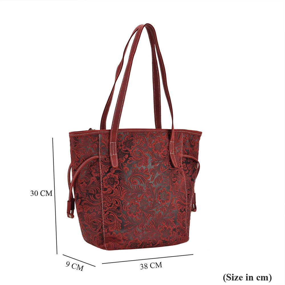 100% Genuine Leather Floral Embossed Tote Bag - Burgundy