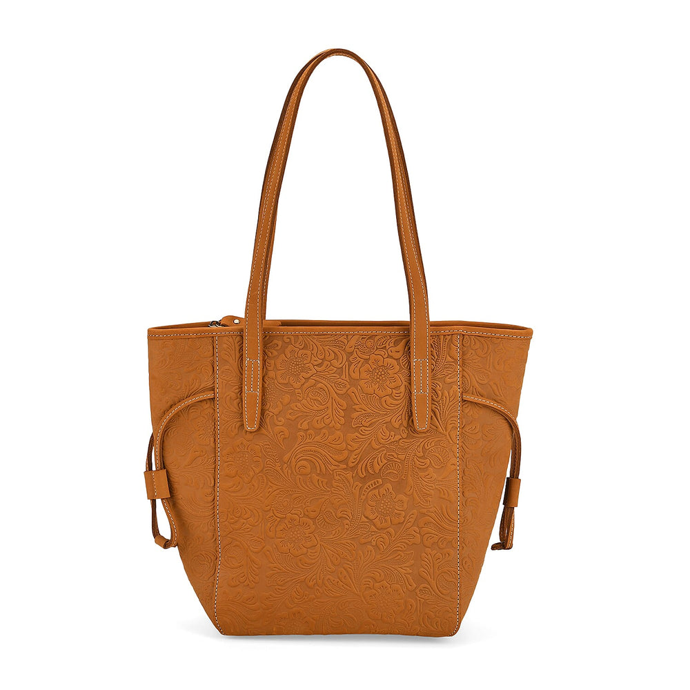 100% Genuine Leather Floral Embossed Tote Bag - Mustard