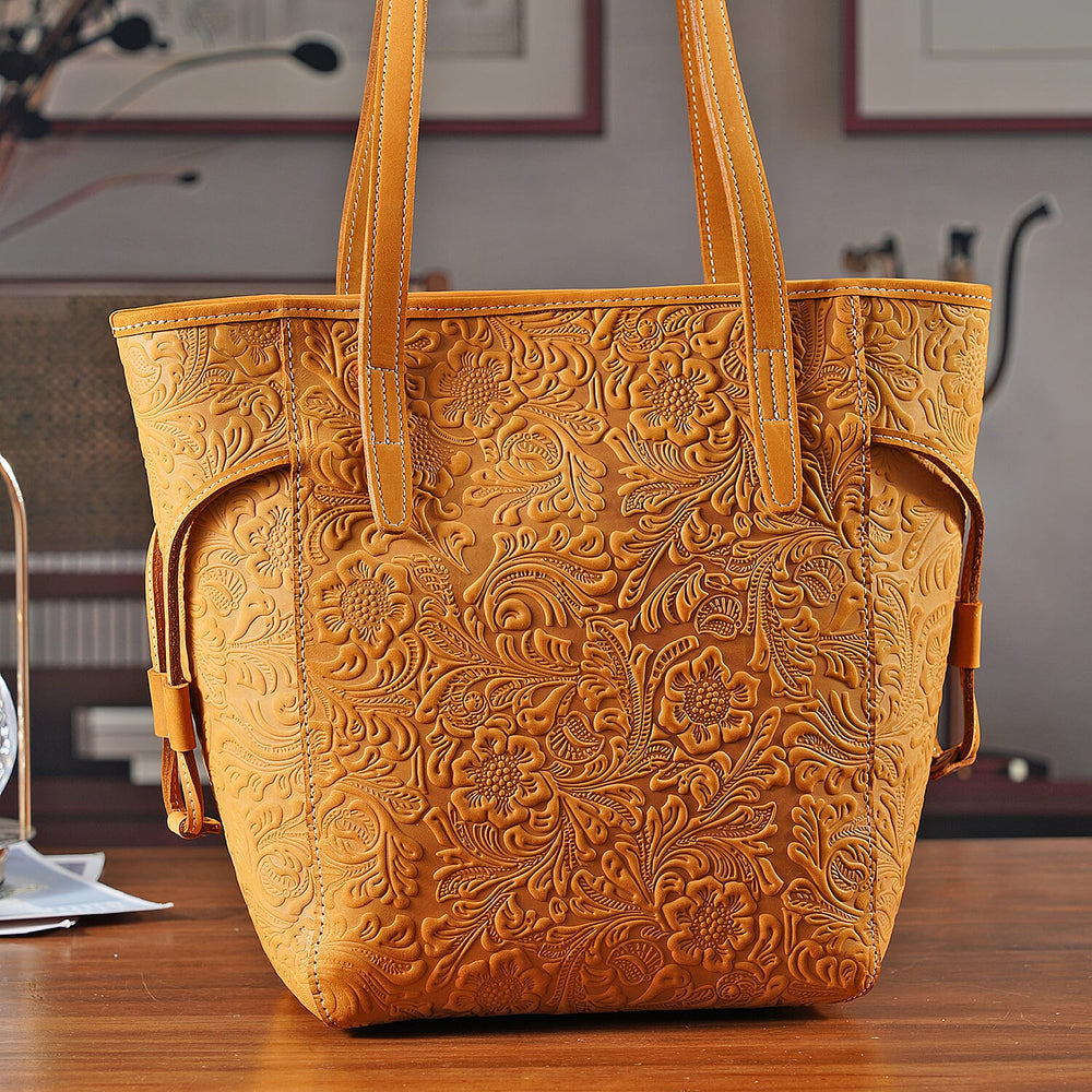 100% Genuine Leather Floral Embossed Tote Bag - Mustard
