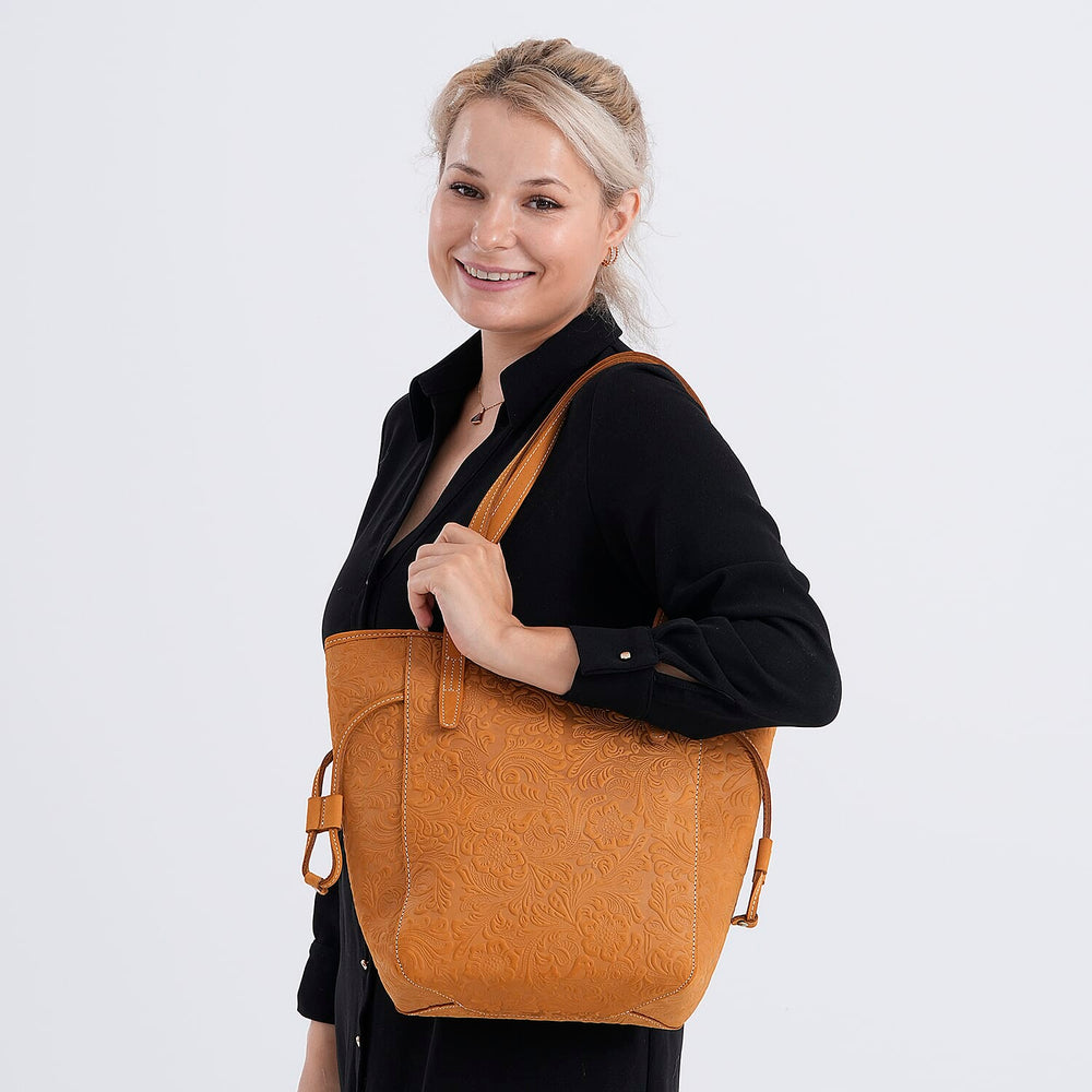 100% Genuine Leather Floral Embossed Tote Bag - Mustard