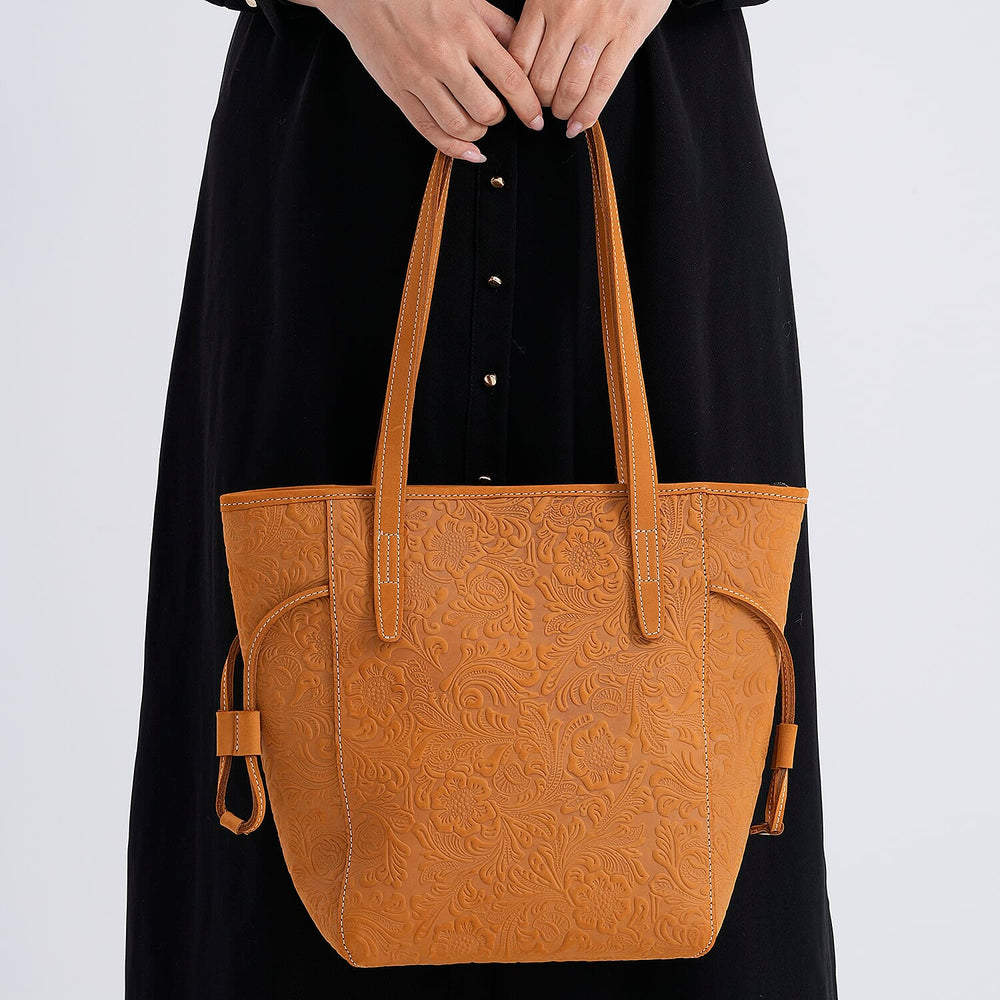 100% Genuine Leather Floral Embossed Tote Bag - Mustard
