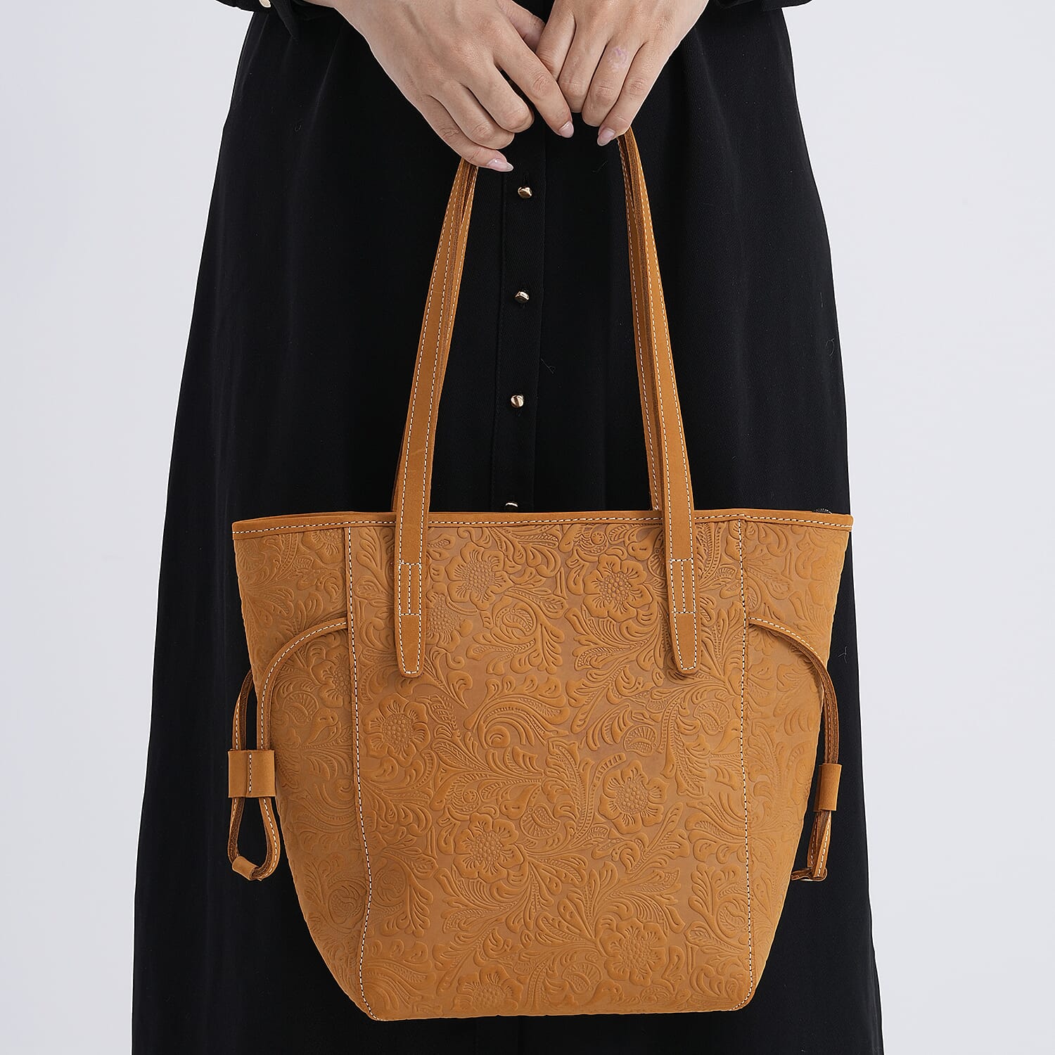 100% Genuine Leather Floral Embossed Tote Bag - Mustard