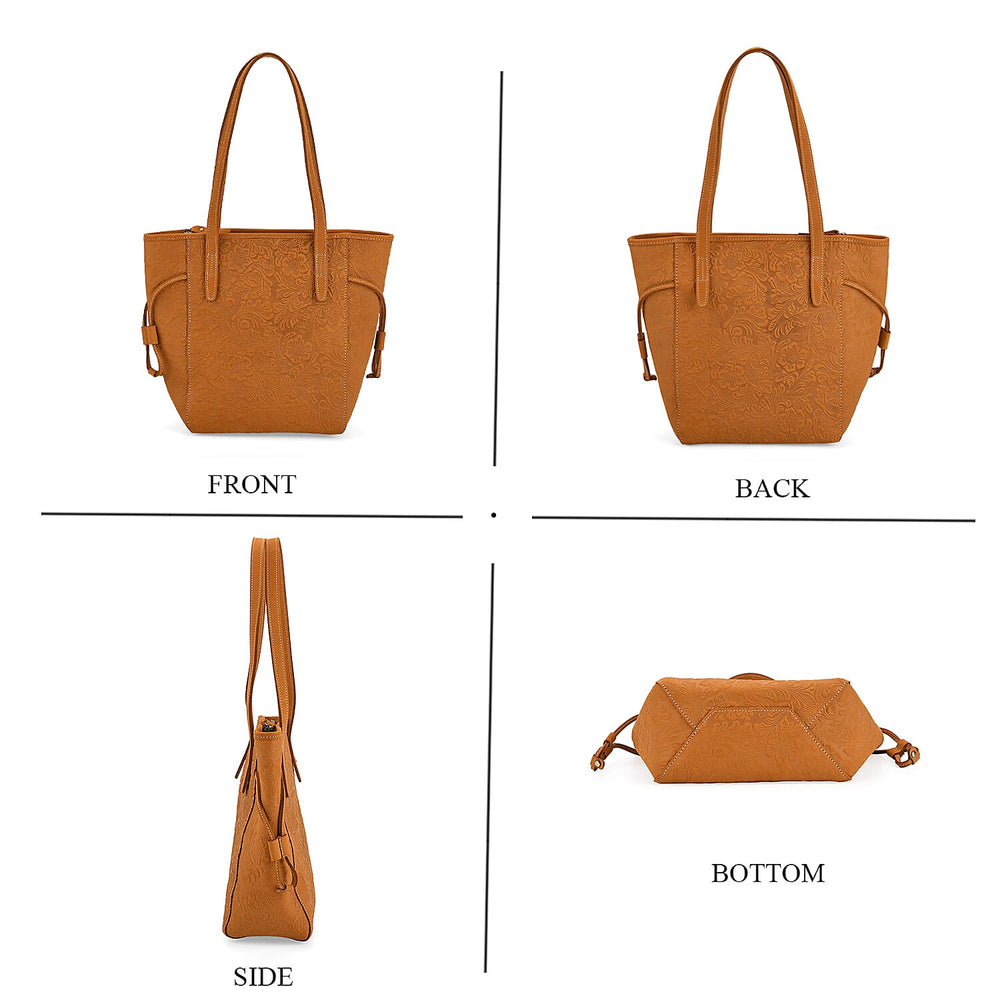 100% Genuine Leather Floral Embossed Tote Bag - Mustard