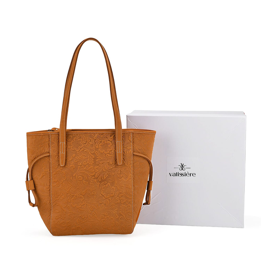 100% Genuine Leather Floral Embossed Tote Bag - Mustard