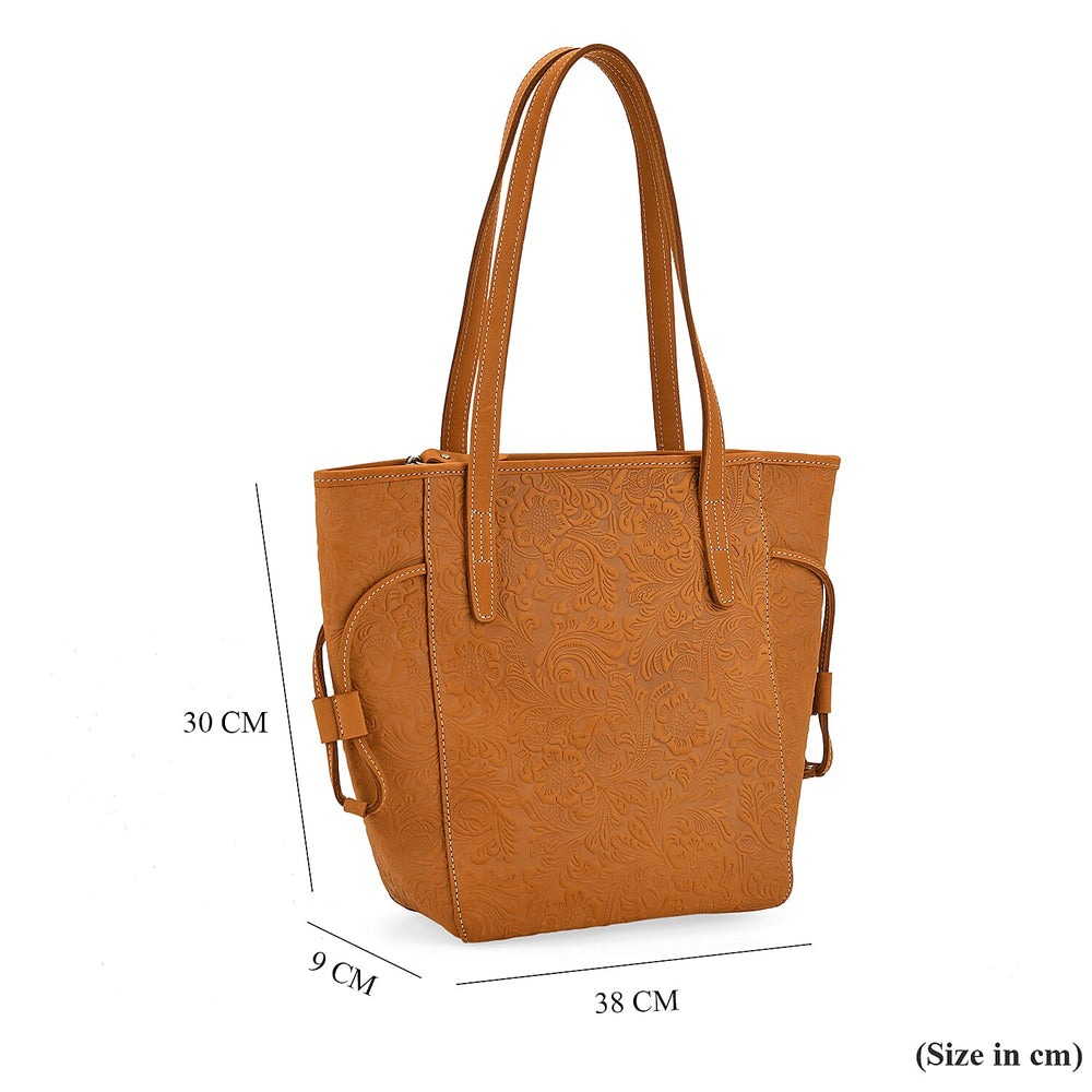 100% Genuine Leather Floral Embossed Tote Bag - Mustard