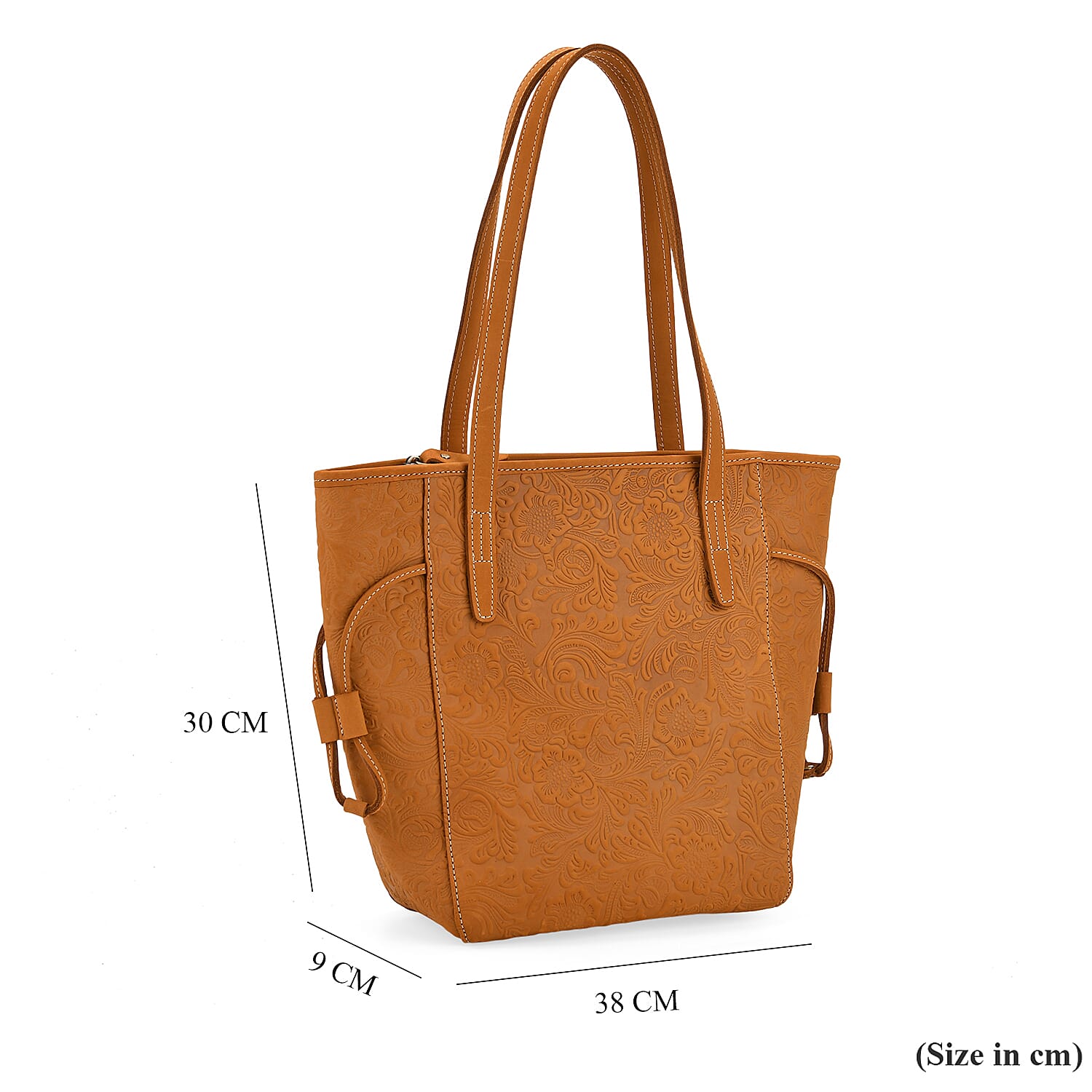 100% Genuine Leather Floral Embossed Tote Bag - Mustard