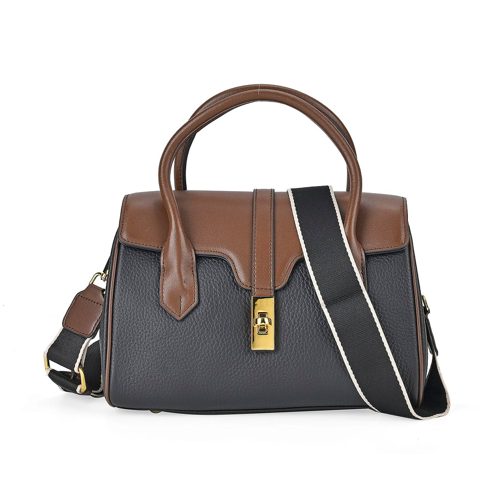 Genuine Leather Elegant Two-Tone Satchel Handbag With 2 Long Shoulder Strap - Black With Brown