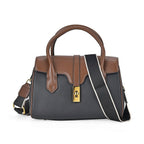Genuine Leather Elegant Two-Tone Satchel Handbag With 2 Long Shoulder Strap - Black With Brown